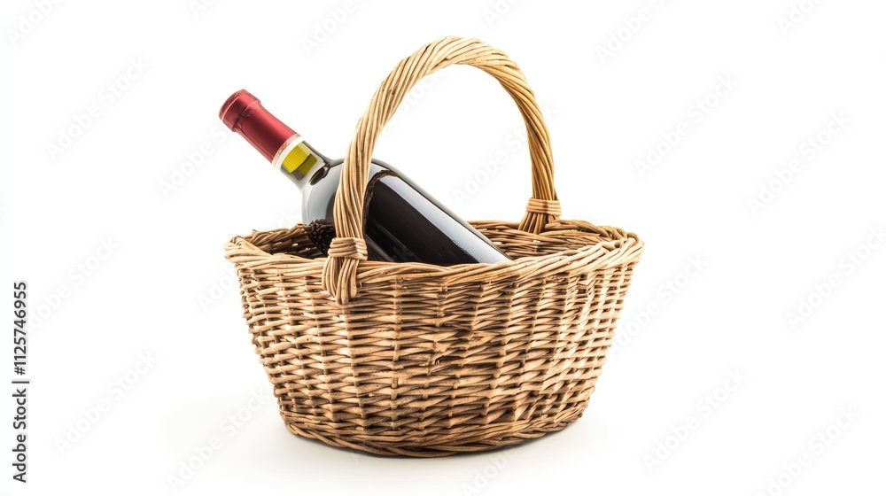 Wicker basket with wine bottle isolated on white perfect for gift giving or decorative purposes in occasions and celebrations Wicker basket with wine bottle isolated on white perfect for gift giving or decorative purposes in occasions and celebrations