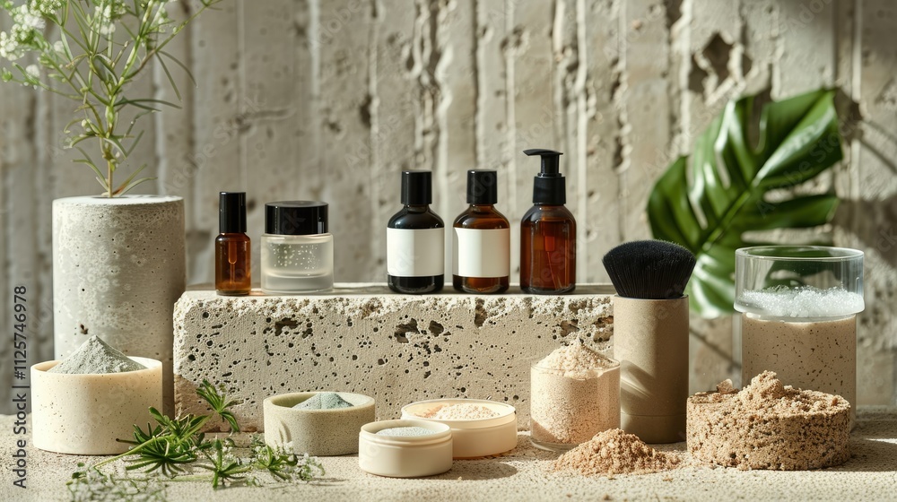 Natural cosmetic products displayed on a textured surface with plants. Natural cosmetic products displayed on a textured surface with plants.