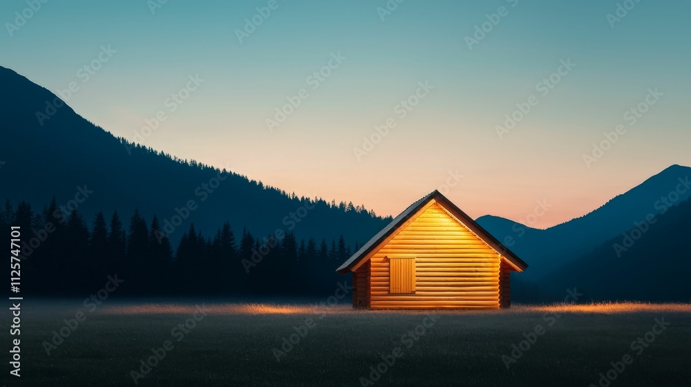 Fototapeta premium insomnia sleep solutions concept, A serene wooden cabin illuminated at dusk, surrounded by majestic mountains and a tranquil landscape.
