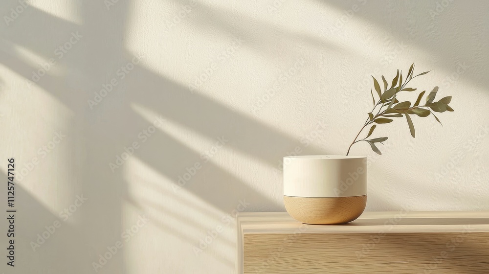 insomnia sleep solutions concept, A minimalist ceramic pot with an olive branch sits on a wooden surface, illuminated by soft shadows, creating a serene and modern aesthetic.