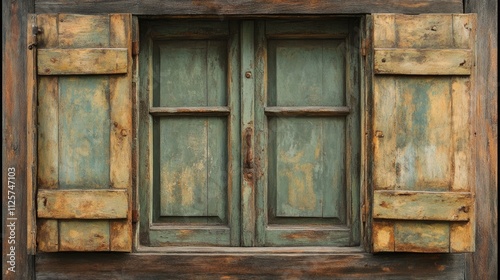 Antique wooden window with rustic shutters and vintage paint detailing in a weathered house exterior