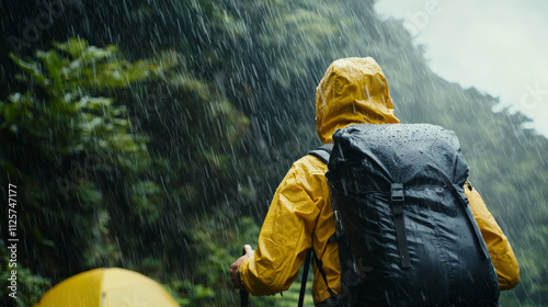 Backpacker in raincoat approaches campsite in lush forest