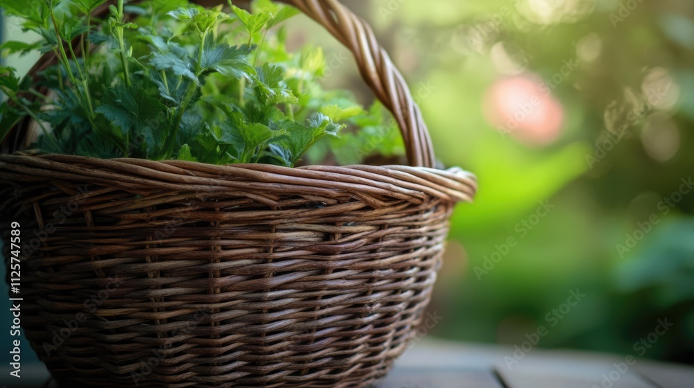 Handcrafted wicker basket with lush greenery on a wooden table in a serene outdoor setting Handcrafted wicker basket with lush greenery on a wooden table in a serene outdoor setting