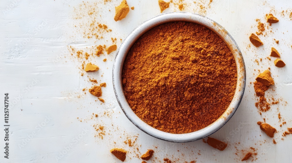 Whole and ground turmeric displayed in a ceramic bowl on a white background, with scattered turmeric pieces around, culinary spice, wellness, organic ingredients.