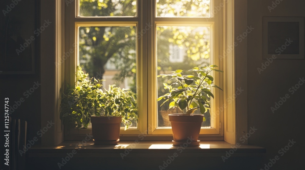 Sunlit Window with Potted Plants and Soft Natural Light illuminating a Cozy Interior Space Sunlit Window with Potted Plants and Soft Natural Light illuminating a Cozy Interior Space