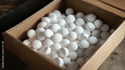 Close-up top view of a box overflowing with white round dishwasher salt tablets, highlighting the capsules and the container's texture, household cleaning supplies, kitchen essentials, organizational. photo