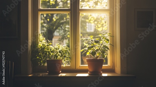 Sunlit Window with Potted Plants and Soft Natural Light illuminating a Cozy Interior Space