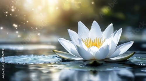 Flourishing white lotus flower in a tranquil summer pond, surrounded by green lily pads and shimmering reflections, botanical beauty, nature, serenity, water.