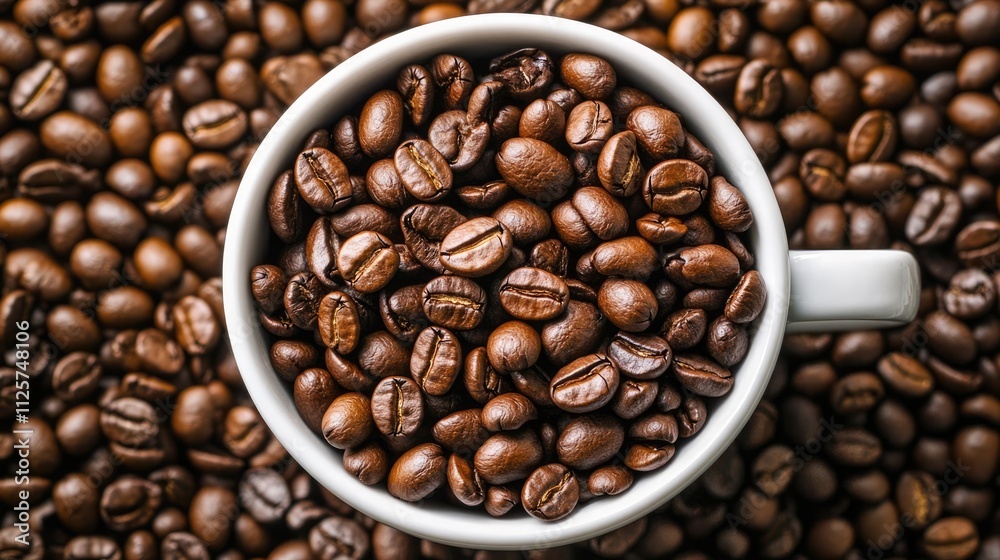 Fototapeta premium Coffee beans filling a white cup atop a textured surface of scattered roasted coffee beans, close-up view, food styling, caffeine, beverage, gourmet coffee.