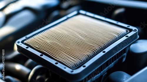 Car air filter close-up in an automobile engine showcasing essential auto spare part for optimal vehicle performance and maintenance. photo