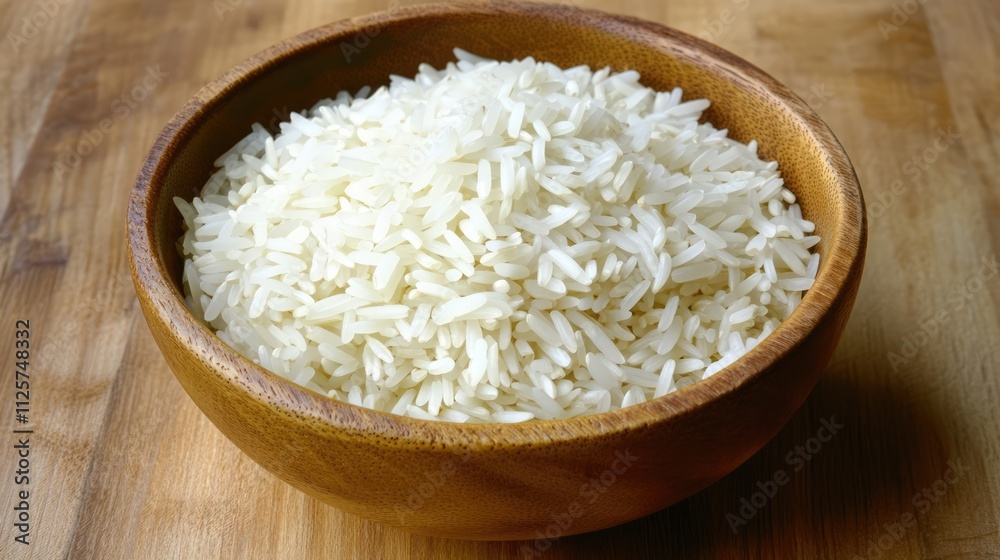 White rice in a wooden bowl on a rustic wood background, highlighting its texture and color, symbolizes natural food rich in protein, culinary use, global cuisine, healthy eating. White rice in a wooden bowl on a rustic wood background, highlighting its texture and color, symbolizes natural food rich in protein, culinary use, global cuisine, healthy eating.
