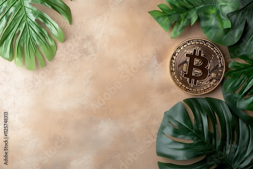 Golden Bitcoin Coin Surrounded by Lush Green Tropical Leaves on a Textured Beige Background for Investment and Financial Themes photo