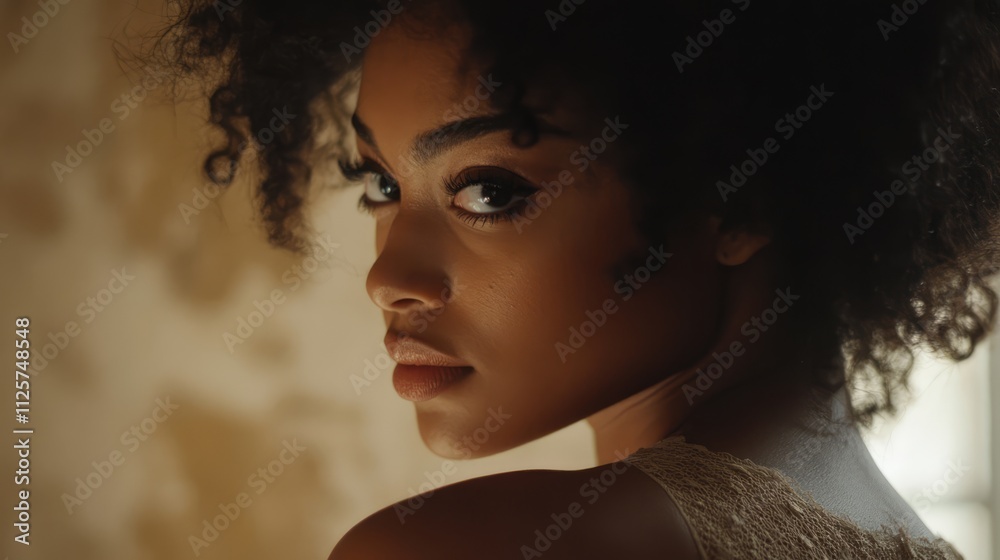 Young woman with curly hair turning to look back with a contemplative expression in a softly lit indoor setting Young woman with curly hair turning to look back with a contemplative expression in a softly lit indoor setting