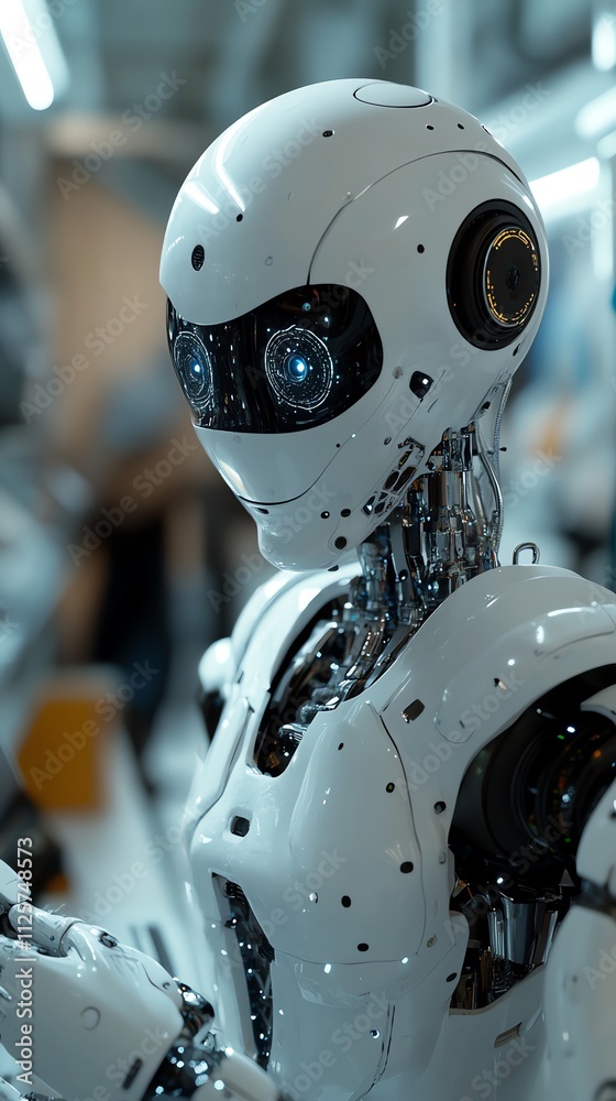 Fototapeta premium A humanoid robot with a sleek design and illuminated eyes, showcasing advanced technology.