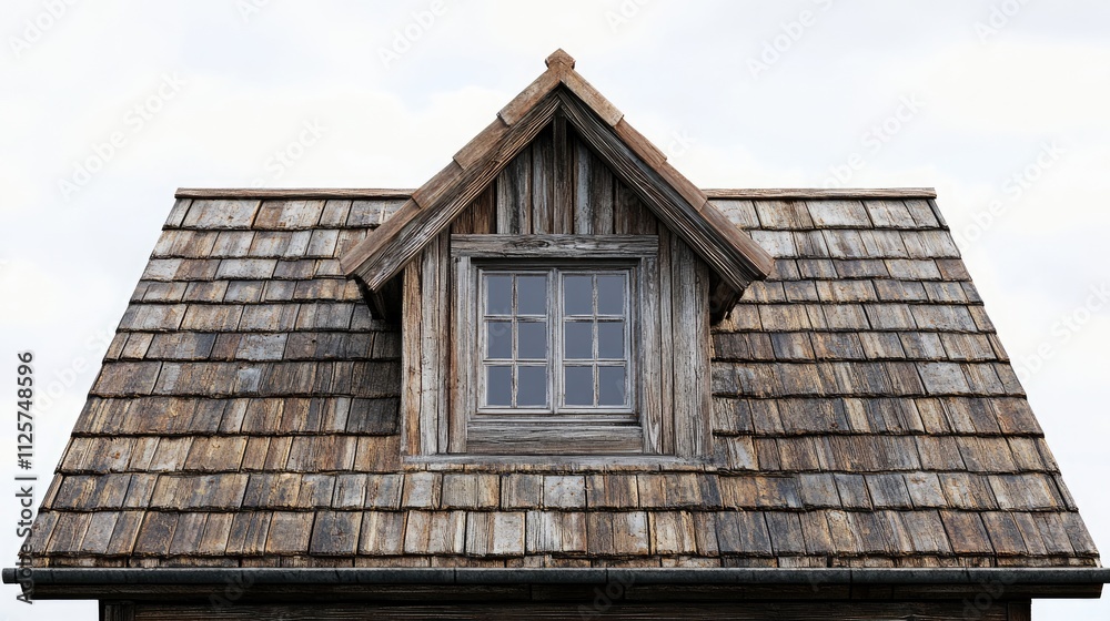 Rustic wooden house roof with shingles and an upper window under a cloudy sky showcasing traditional architecture and craftsmanship Rustic wooden house roof with shingles and an upper window under a cloudy sky showcasing traditional architecture and craftsmanship