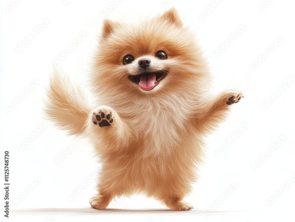 Obraz premium A cheerful Pomeranian dog standing on its hind legs, exuding joy.