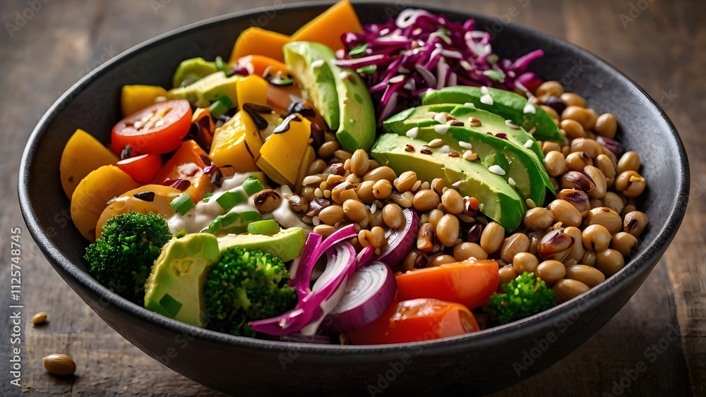 A healthy and vibrant vegetarian Buddha bowl, filled with a variety of fresh and roasted vegetables, grains, legumes, and a drizzle of dressing A healthy and vibrant vegetarian Buddha bowl, filled with a variety of fresh and roasted vegetables, grains, legumes, and a drizzle of dressing
