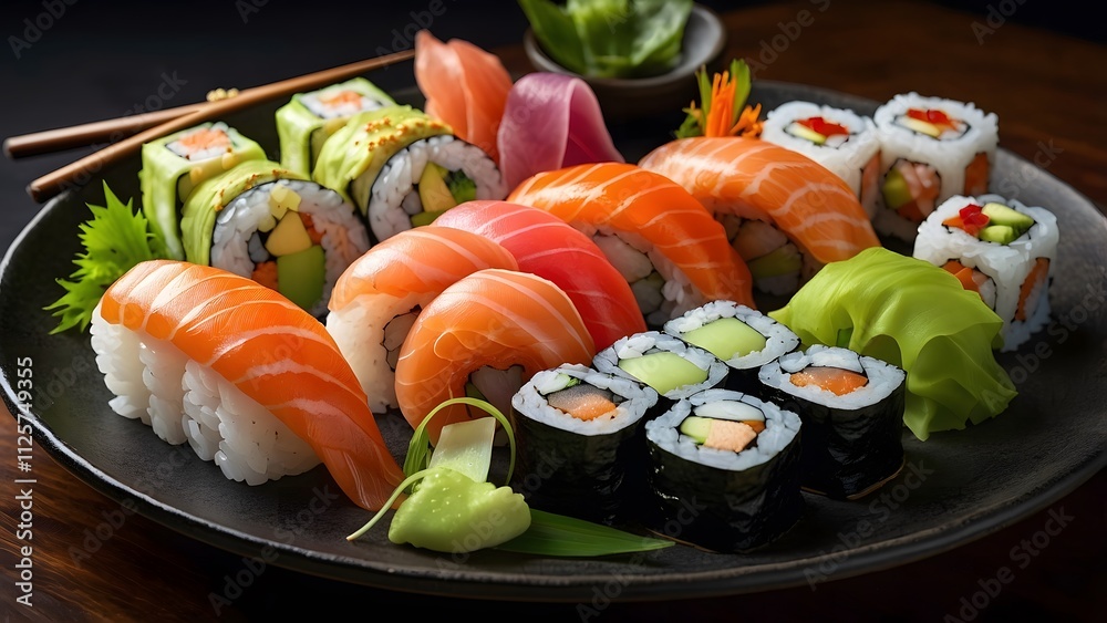 An elegant sushi platter with a variety of sushi rolls, sashimi, and nigiri, artfully arranged with garnishes like pickled ginger and wasabi An elegant sushi platter with a variety of sushi rolls, sashimi, and nigiri, artfully arranged with garnishes like pickled ginger and wasabi
