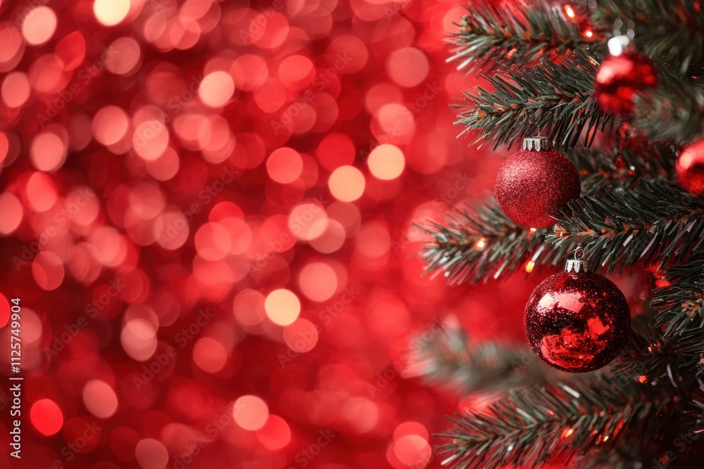 Red Christmas Ornaments on Christmas Tree with Red Bokeh Background Red Christmas Ornaments on Christmas Tree with Red Bokeh Background