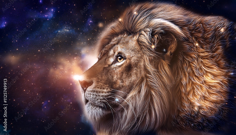Fototapeta premium A majestic lion's profile is set against a vibrant cosmic nebula. The image evokes a sense of power, serenity, and the wild beauty of nature.