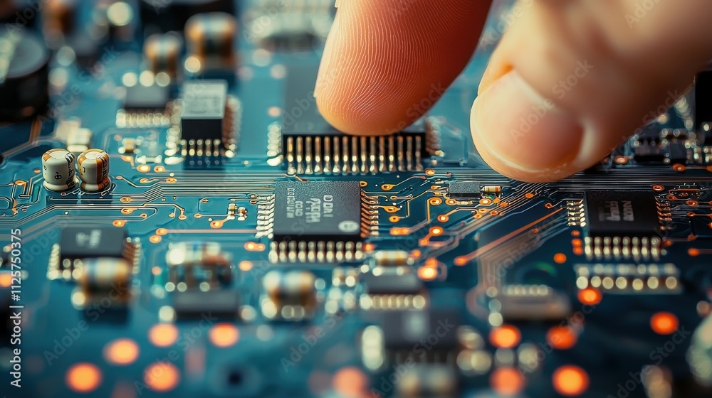 A close-up of a hand placing a microchip on a circuit board, showcasing intricate electronic components and connections.