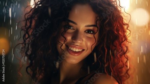 Happy woman with curly hair smiling in rain.