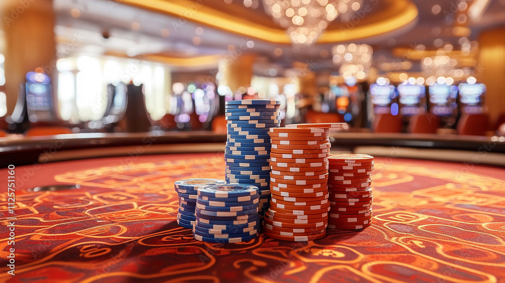 stacked poker chips in various colors, symbolizing risk, strategy, and chance. The blurred casino background evokes the allure and excitement of gambling and high-stakes play stacked poker chips in various colors, symbolizing risk, strategy, and chance. The blurred casino background evokes the allure and excitement of gambling and high-stakes play