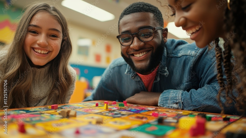 Three friends enjoy a board game together, smiling and engaged in a vibrant, colorful setting filled with playful decor. Three friends enjoy a board game together, smiling and engaged in a vibrant, colorful setting filled with playful decor.