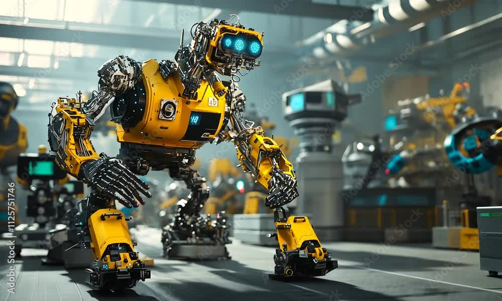 A large, yellow robot with glowing blue eyes stands in a futuristic industrial environment, showcasing advanced robotics and machinery.