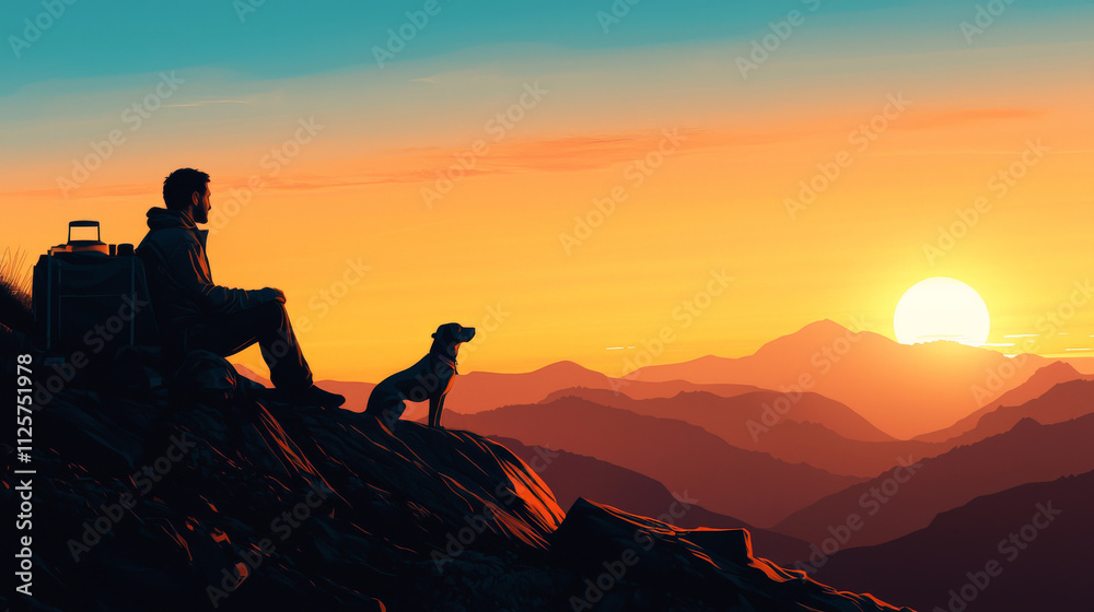 Fototapeta premium Man and dog enjoy sunset on mountain cliff, peaceful view