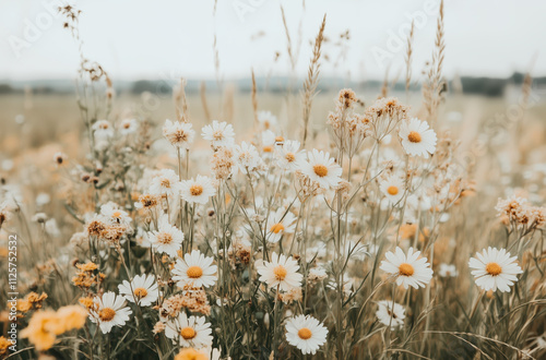 Wildflowers bloom in a serene meadow on a cloudy day in late spring. A lush meadow filled with vibrant wildflowers and grasses stretches under a cloudy sky. Daisies and golden blooms