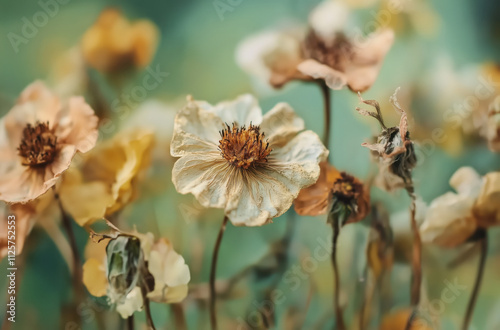 Beautiful dried flowers creating an enchanting display of nature's colors in a serene setting during the golden hour. In a tranquil location, dried flowers exhibit a delicate beauty with muted colors 