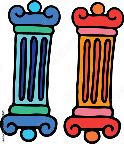 illuminati symbols, two columns of red and blue in Greek style
