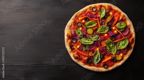 A delicious vegetarian pizza topped with fresh vegetables, herbs, and vibrant colors, resting on a dark wooden surface. photo