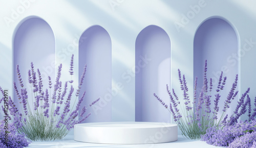 Lavender adorned minimalist stage in a serene setting with soft light and gentle shadows.