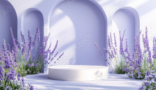 A tranquil space featuring a round white platform surrounded by blooming lavender plants. Soft purple hues and gentle light create a calming atmosphere, ideal for presentations or photoshoots.