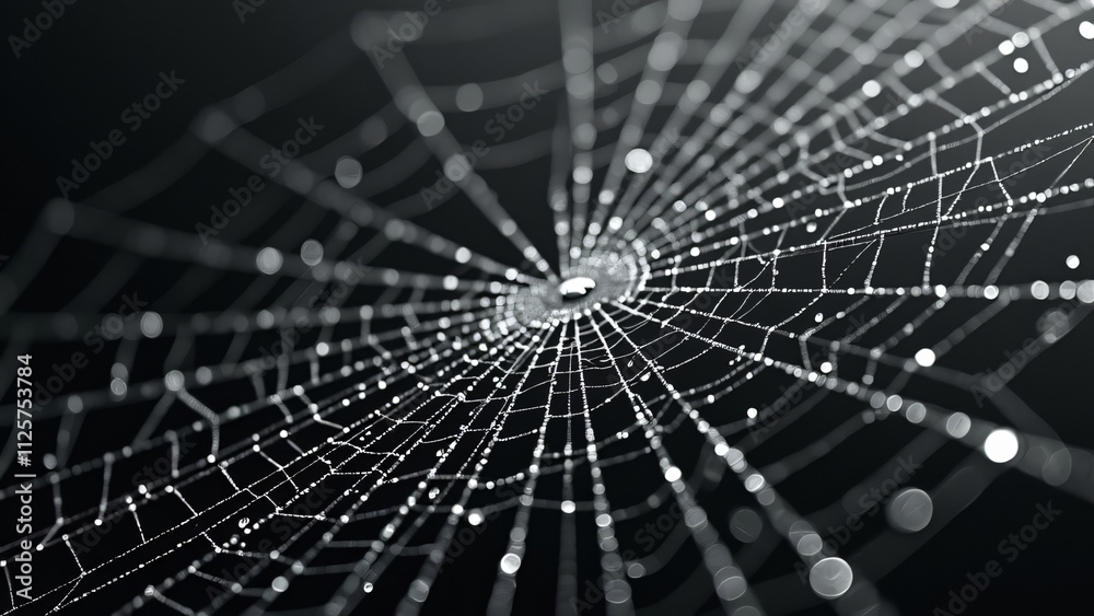 Naklejka premium Dew-Kissed Spiderweb, Intricate Silken Threads on Black