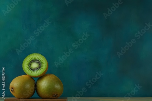 Fresh ripe kiwis arranged aesthetically against a muted green background, showcasing their vibrant colors and unique texture for a modern food photography perspective photo