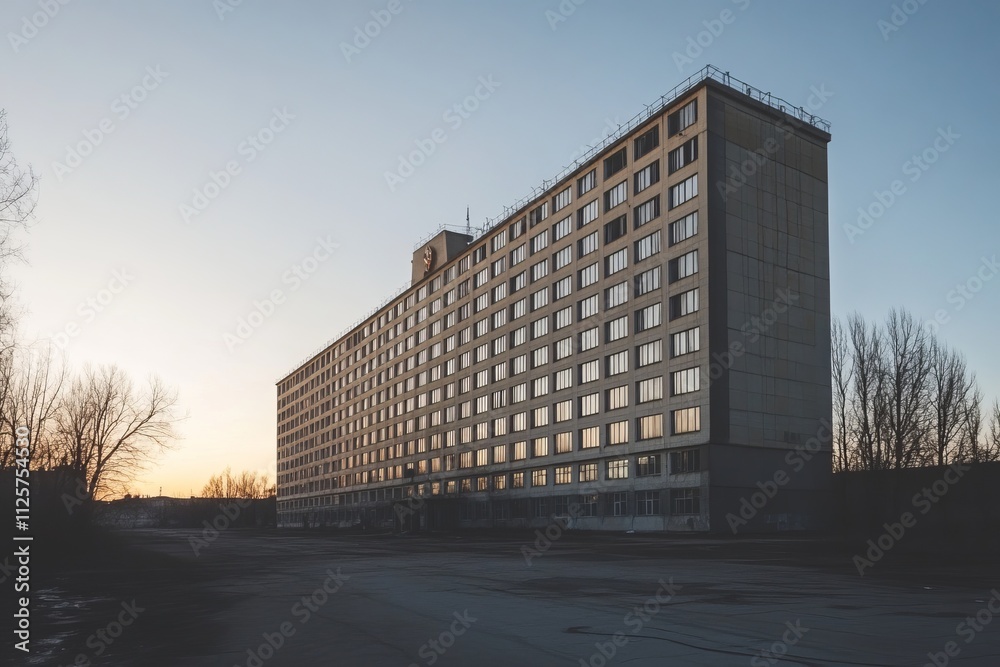 Soviet architecture.Soviet panel building.Panel housing.A wide-angle shot of a Soviet panel building during twilight, showcasing its massive, uniform facade with a clear sky above Soviet architecture.Soviet panel building.Panel housing.A wide-angle shot of a Soviet panel building during twilight, showcasing its massive, uniform facade with a clear sky above
