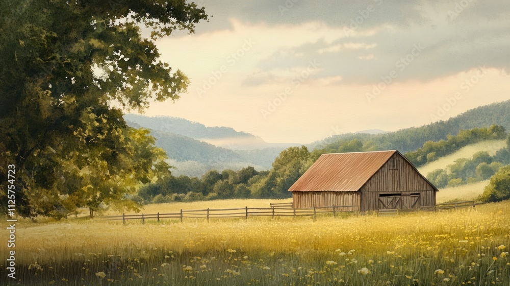 Serene rural scene: barn, field, mountains, sunset. Serene rural scene: barn, field, mountains, sunset.