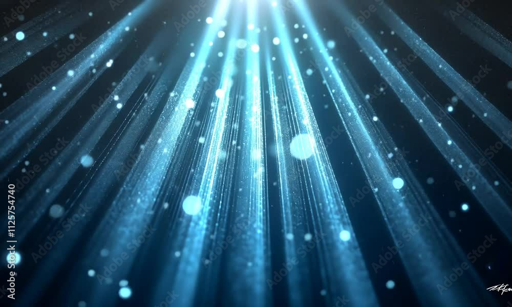 A mesmerizing blue light display with shimmering particles, creating an ethereal atmosphere reminiscent of a cosmic or underwater scene.