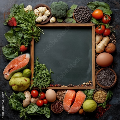 Fresh ingredients surrounding blank chalkboard for recipes and text. photo