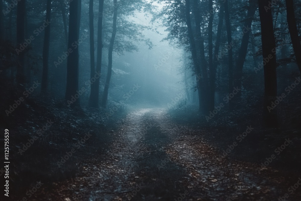 Fototapeta premium A serene pathway meanders through a misty forest, surrounded by tall trees and a quiet atmosphere inviting exploration. Generative AI
