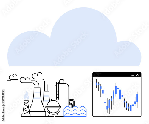 Industrial factory with smokestacks releasing emissions, large cloud above, data analysis graph. Ideal for environmental studies, pollution tracking, data analytics, industry impact, climate science