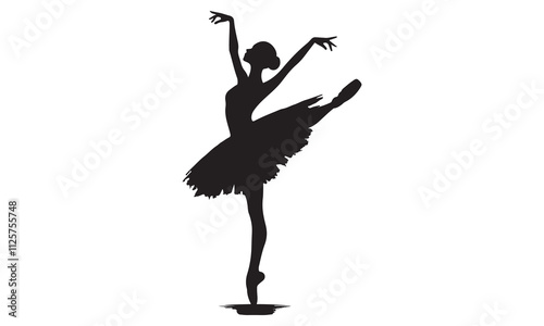 Silhouette of a graceful ballerina dancer posing in a classic ballet position, her elegant figure and flowing hair captured in a timeless black vector illustration