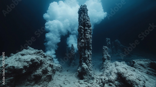 underwater hydrothermal vents with billowing columns of mineral-rich water, showcasing Earth's raw energy and fostering unique ecosystems teeming with life in the deep ocean photo