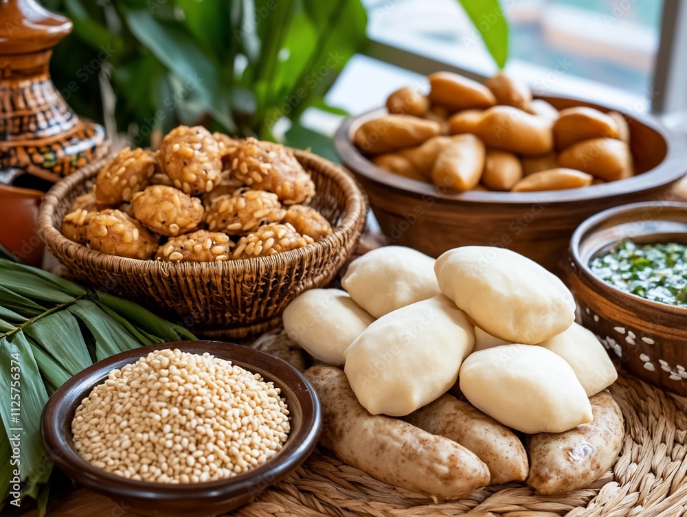 Assorted baked goods, dough, sesame seeds, and sauce on a rustic table. Assorted baked goods, dough, sesame seeds, and sauce on a rustic table.