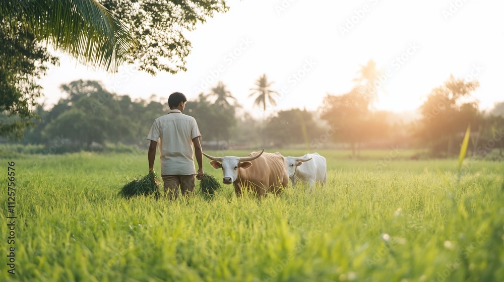 Farmer walking with cattle in rice paddy field at sunset. Farmer walking with cattle in rice paddy field at sunset.