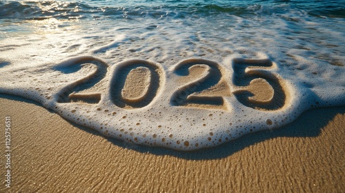 New Year 2025 inscription on wet sand beach wave coming in soft light tropical tranquil sea photo