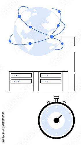 Blue and white globe with network lines, servers, and a stopwatch. Ideal for technology, data management, cloud computing, global connections, speed optimization, digital transformation